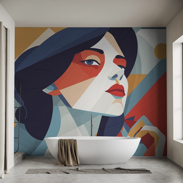 Woman with blue hair and red and white makeup