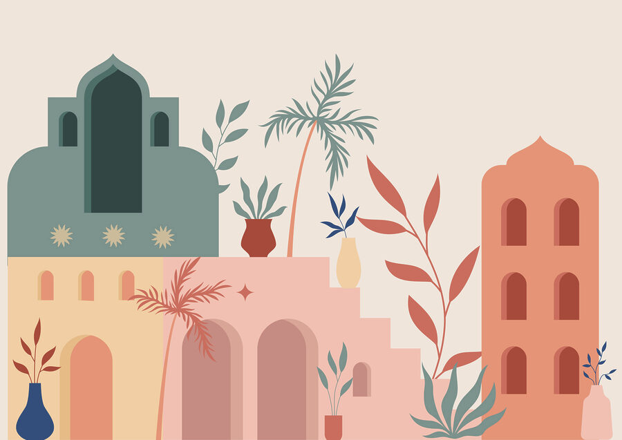 Colorida ilustración de edificios y plantas