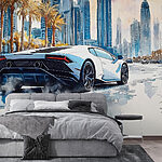 Fotomurales Pintura de un coche deportivo blanco circulando por una carretera con palmeras