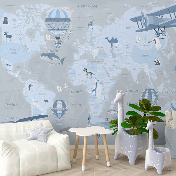 Mapa del mundo con diferentes tipos de aviones y animales Mapa del mundo con diferentes tipos de aviones y animales