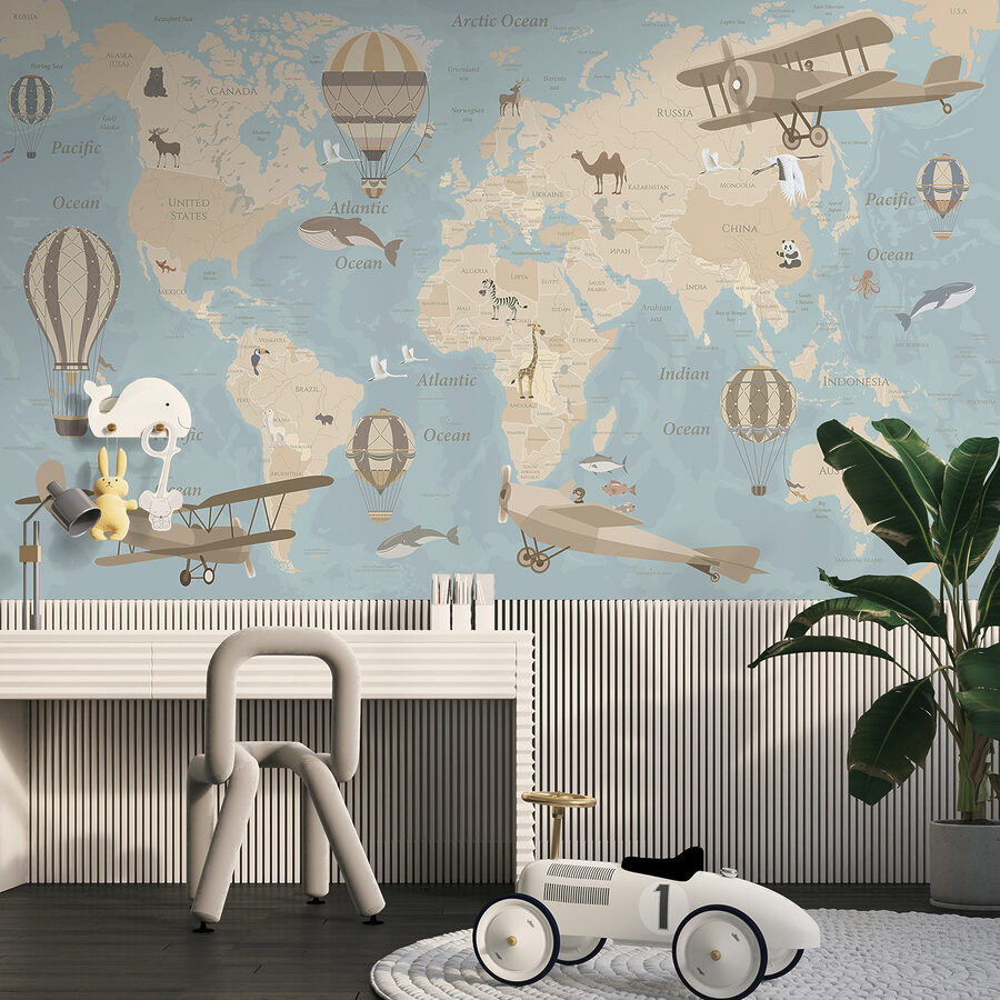 Mapa del mundo con aviones y globos aerostáticos