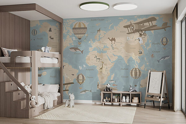 Mapa del mundo con aviones y globos aerostáticos Mapa del mundo con aviones y globos aerostáticos
