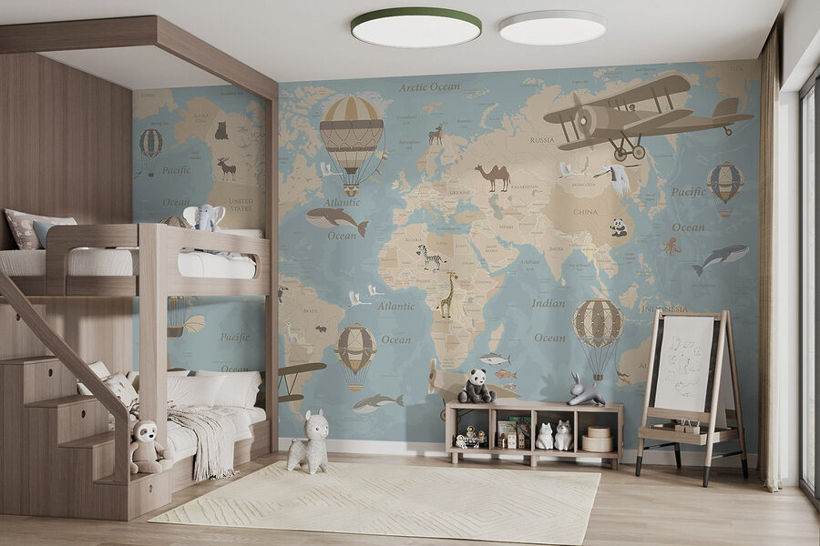 Mapa del mundo con aviones y globos aerostáticos