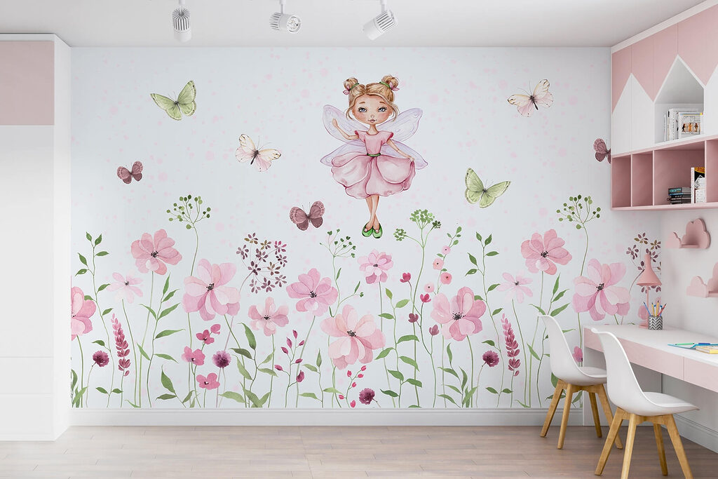 Watercolor of a fairy in a pink dress surrounded by flowers Watercolor of a fairy in a pink dress surrounded by flowers