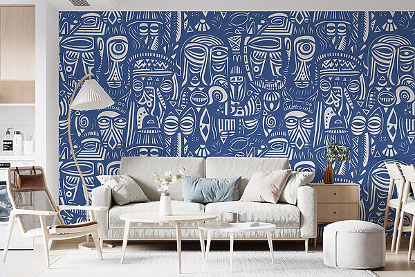 Dibujo de caras en azul y blanco Fotomurales Dibujo de caras en azul y blanco