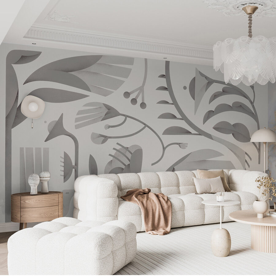 Motivo floral blanco y gris
