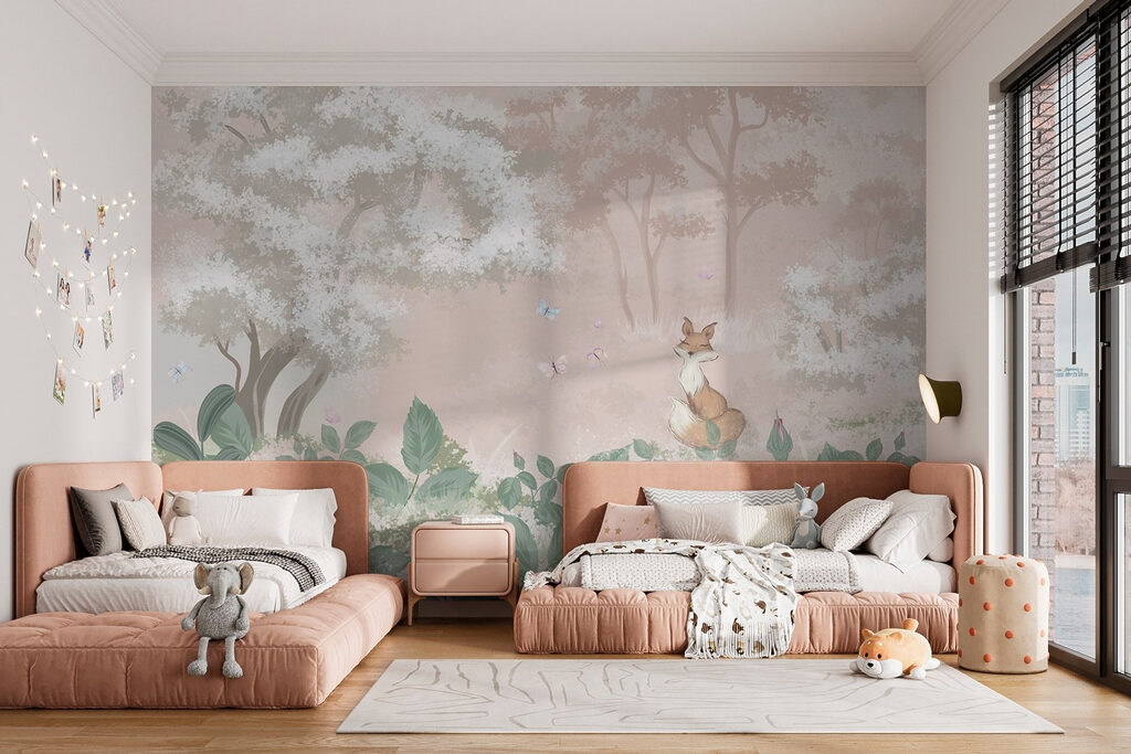 Fox and butterflies in a forest