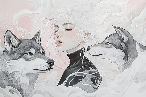 Woman with white hair and two wolves Woman with white hair and two wolves