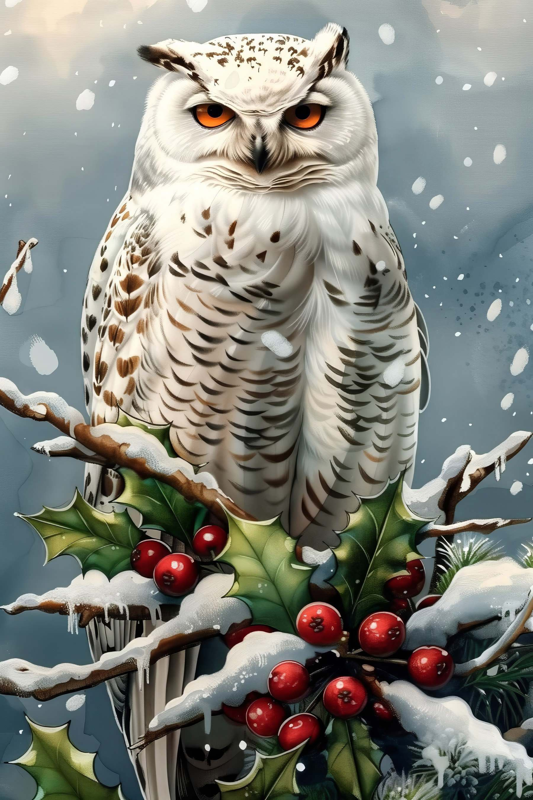 White owl sitting on a branch with snow and berries