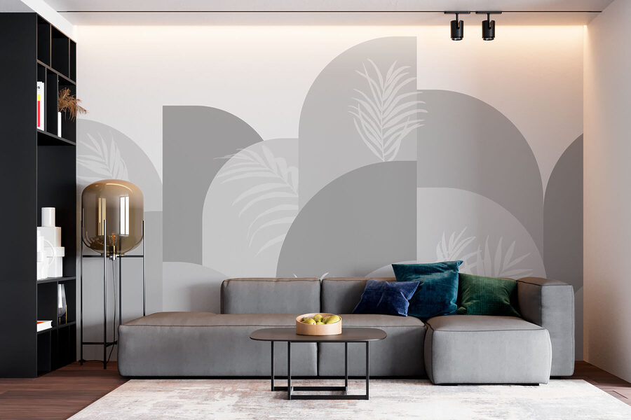 Fondo gris y blanco con hojas blancas