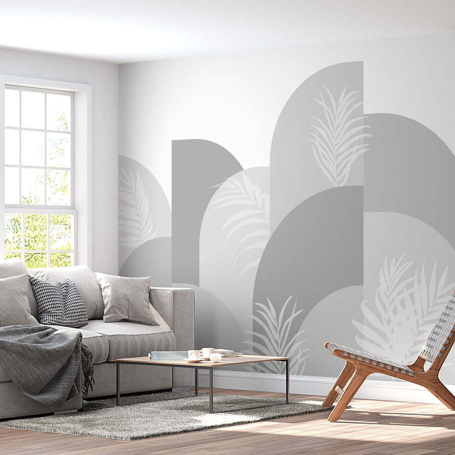 Fondo gris y blanco con hojas blancas