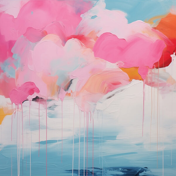Painting of pink clouds and blue sky