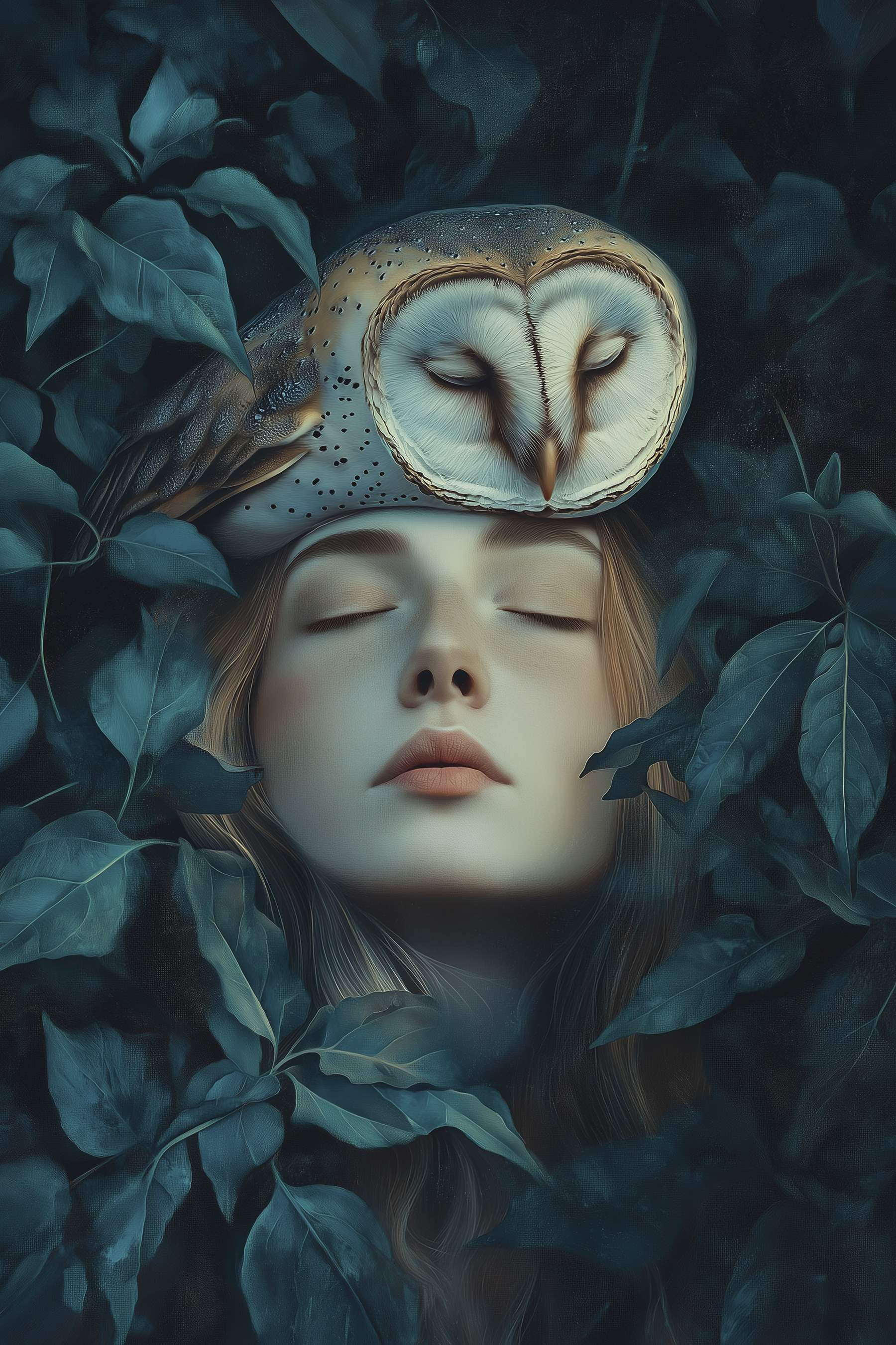 Woman with an owl on her head Woman with an owl on her head