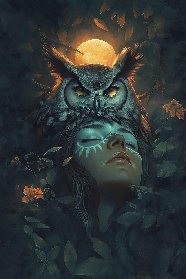 Woman with an owl on her head