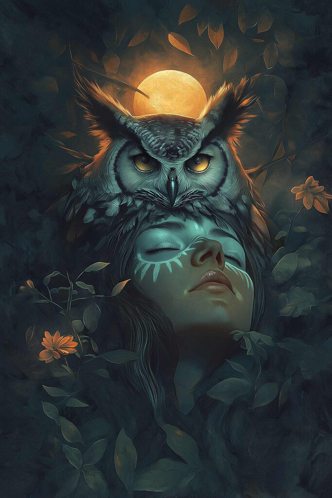 Woman with an owl on her head