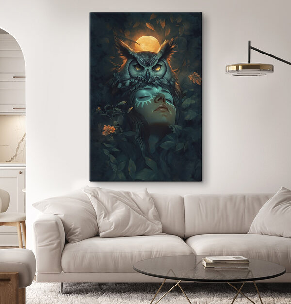 Woman with an owl on her head