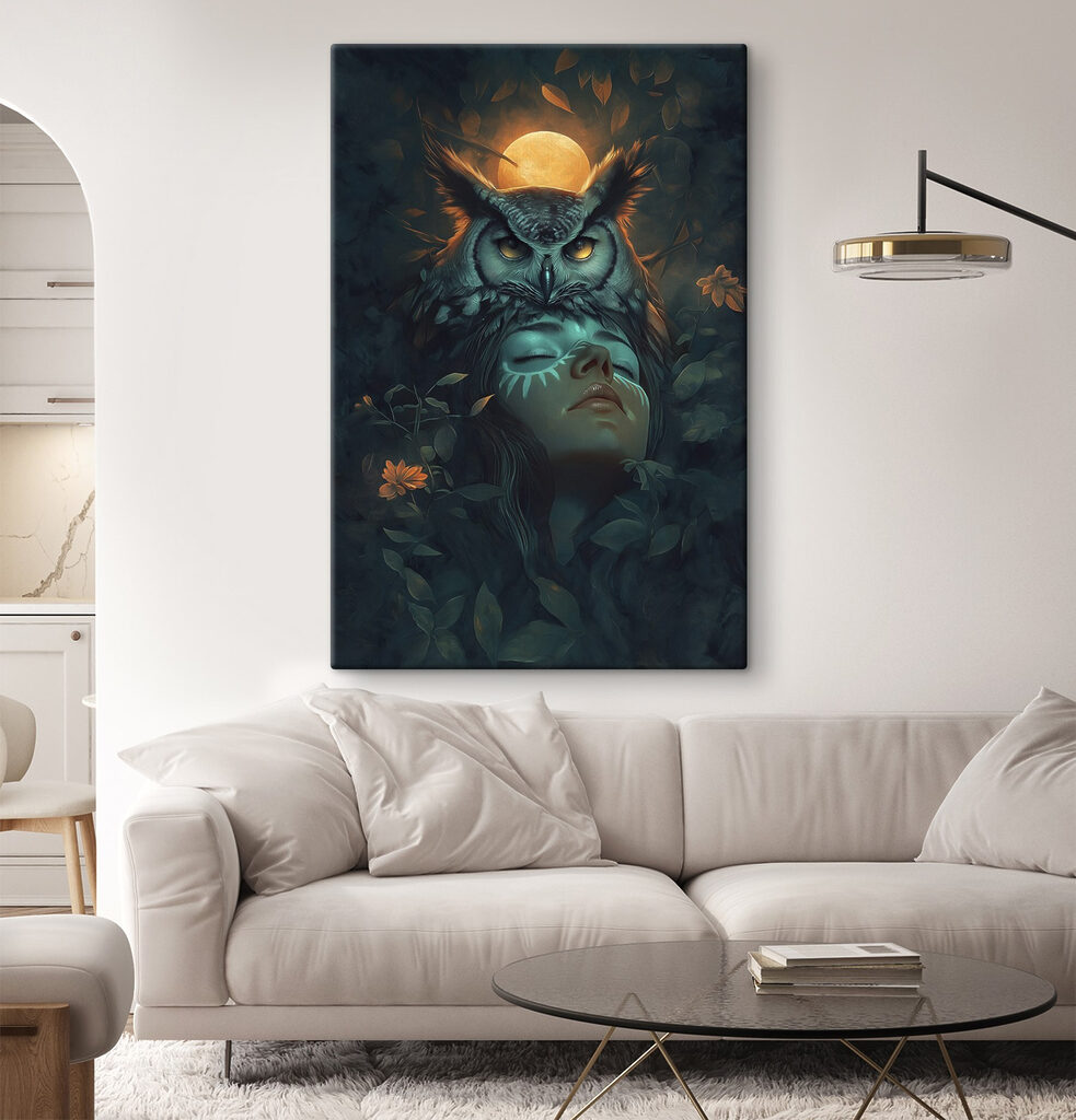 Woman with an owl on her head