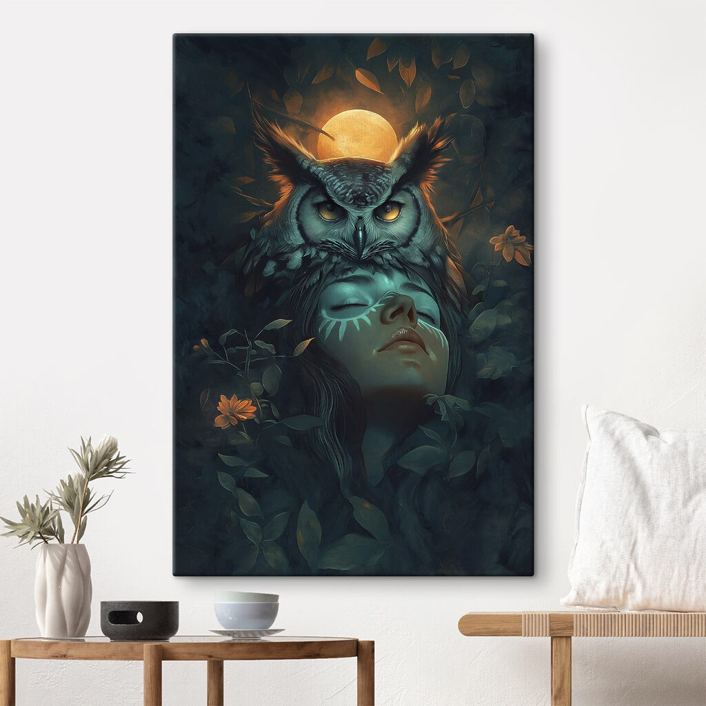 Woman with an owl on her head