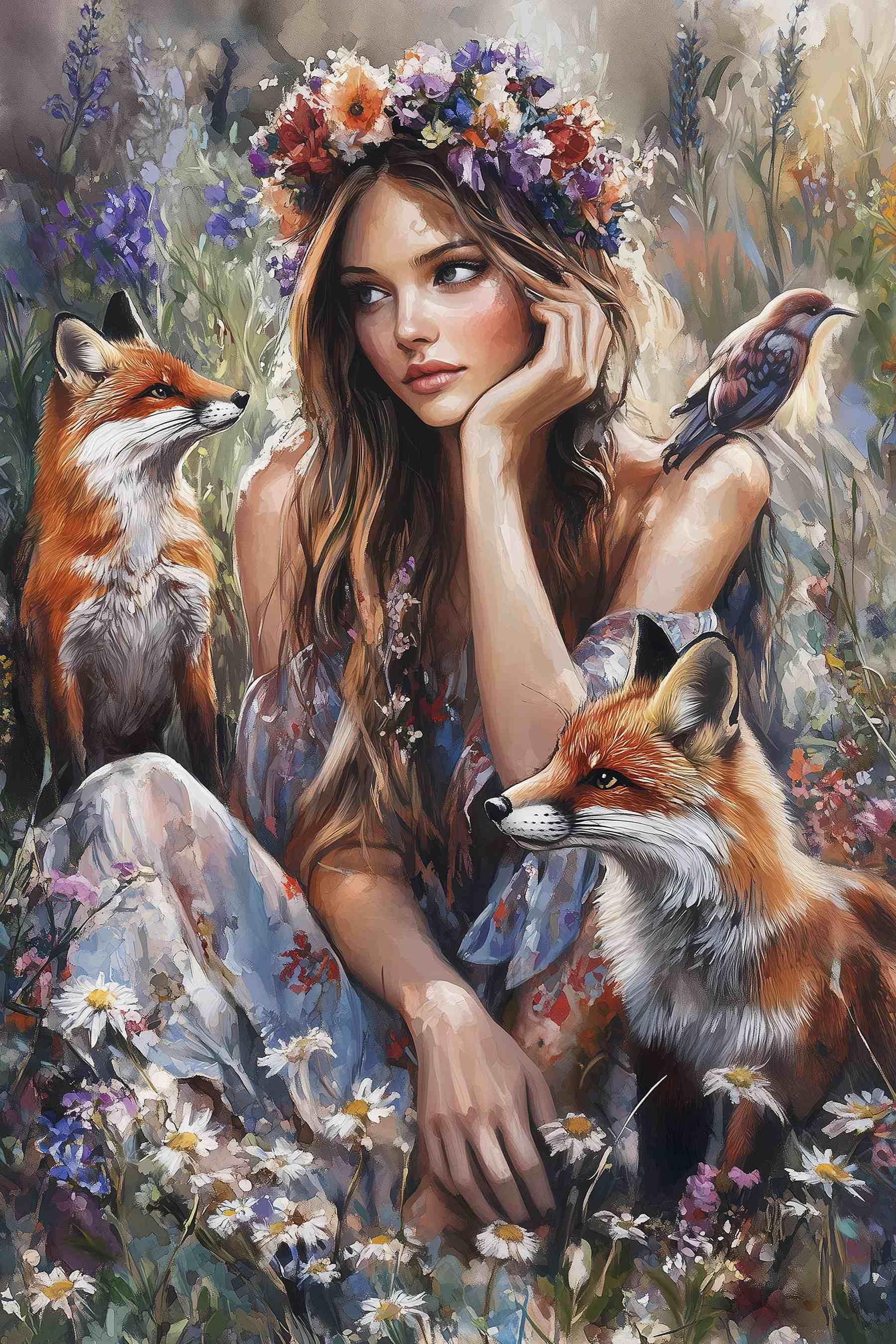 Woman sitting in a field with foxes