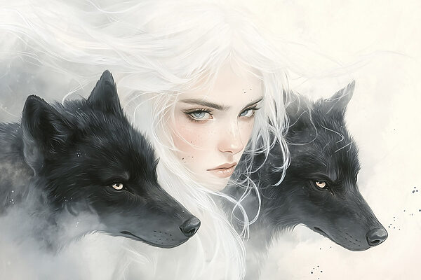 Woman with white hair and two wolves Woman with white hair and two wolves