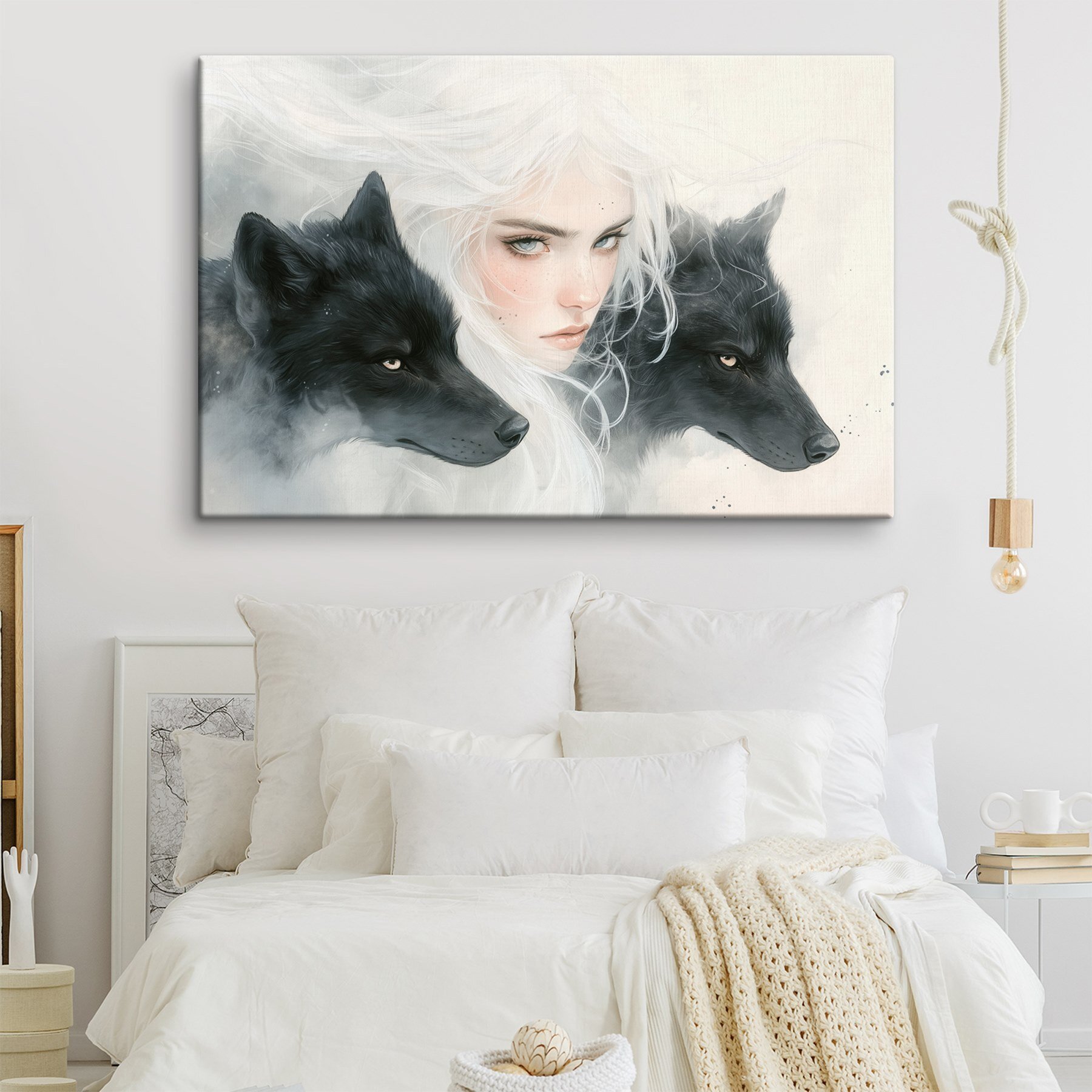 Woman with white hair and two wolves Woman with white hair and two wolves