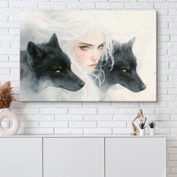 Woman with white hair and two wolves Woman with white hair and two wolves