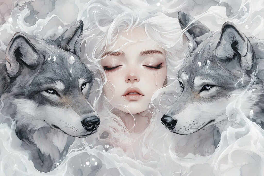 Woman with white hair and two wolves