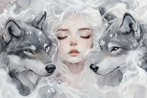 Woman with white hair and two wolves