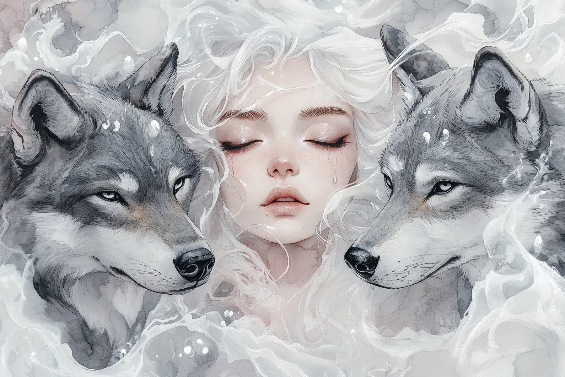 Woman with white hair and two wolves