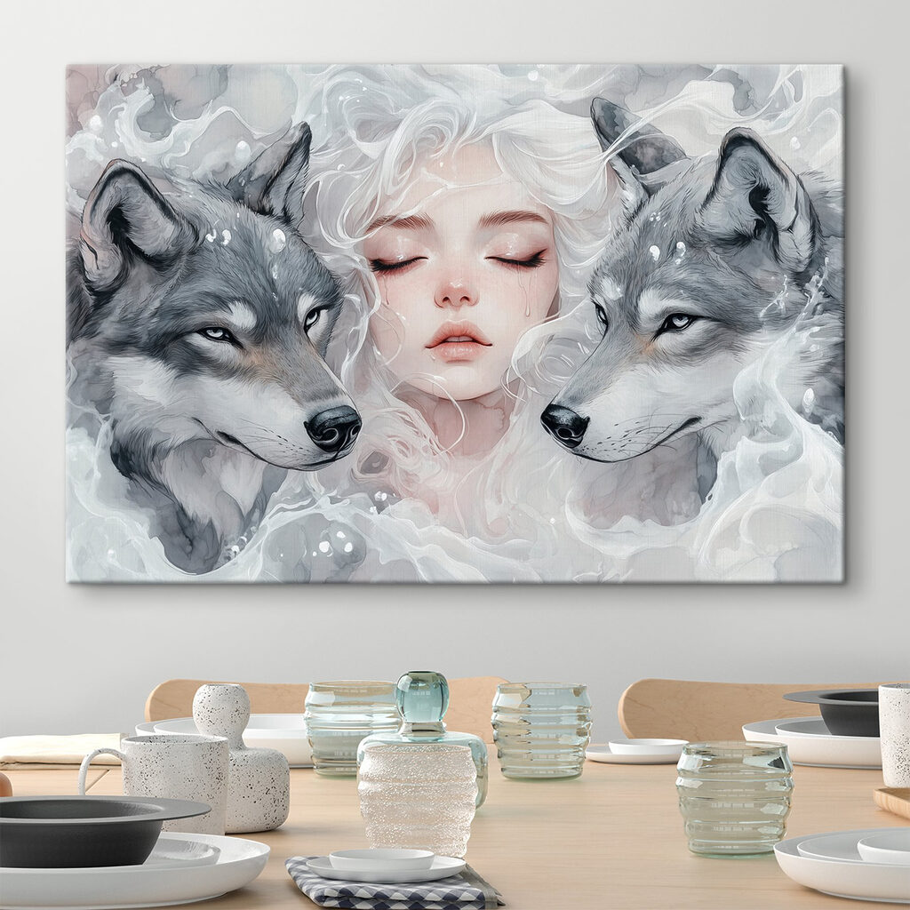 Woman with white hair and two wolves