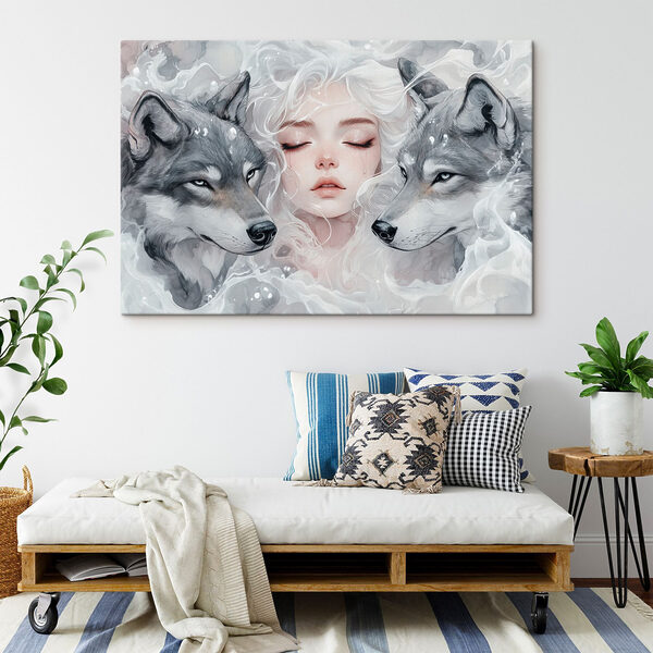 Woman with white hair and two wolves