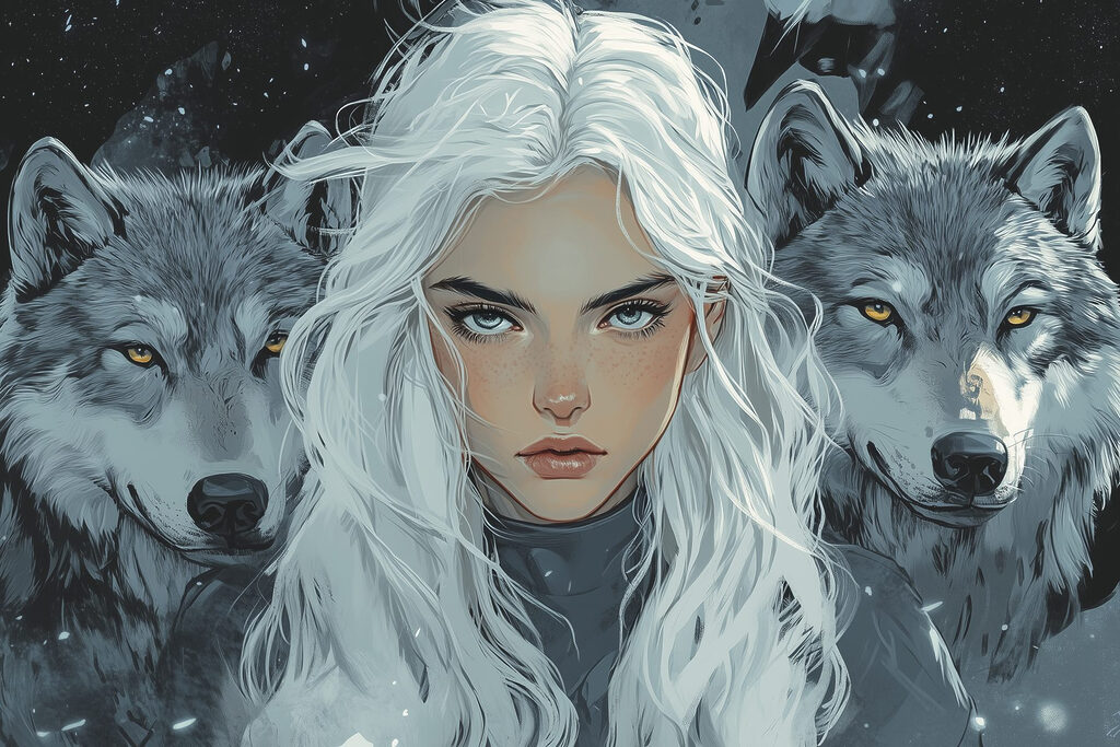 Woman with white hair and a wolf behind her