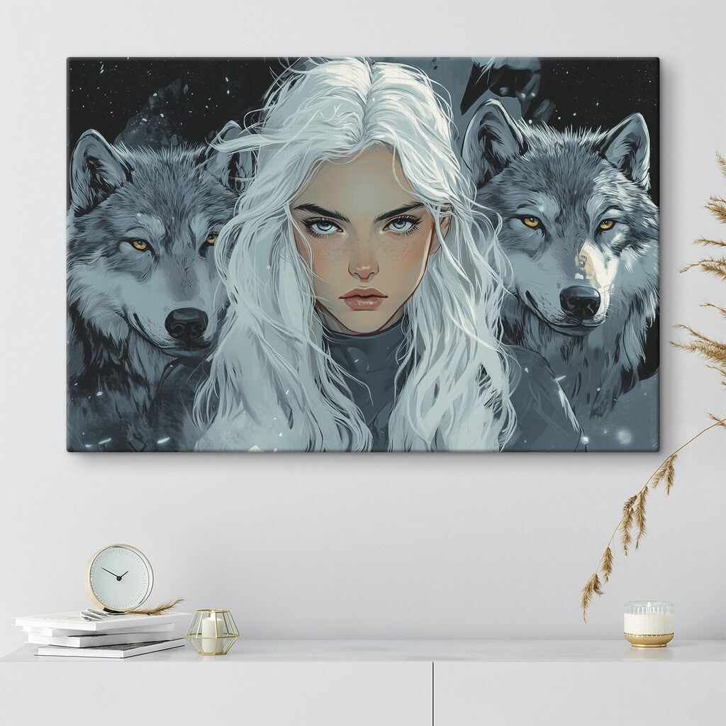Woman with white hair and a wolf behind her