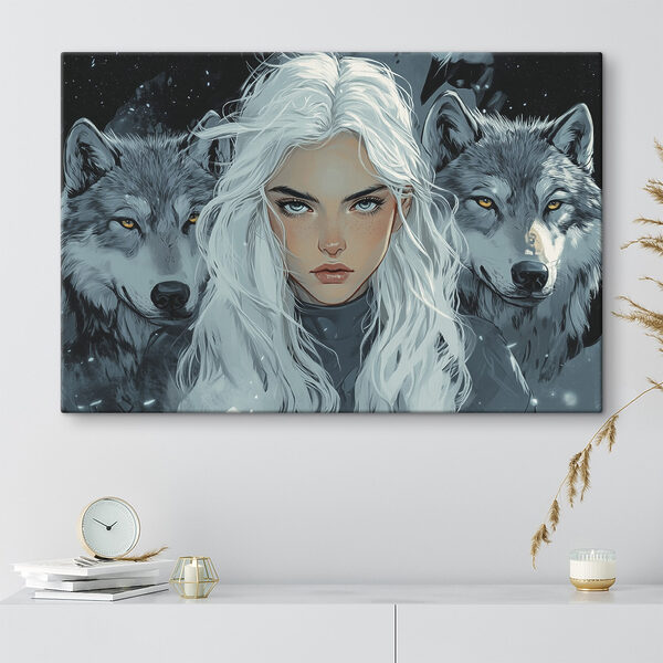 Cuadros Una mujer de pelo blanco con un lobo detrás de ella (SKU: s41461) Cuadros Cuadros Una mujer de pelo blanco con un lobo detrás de ella (SKU: s41461)