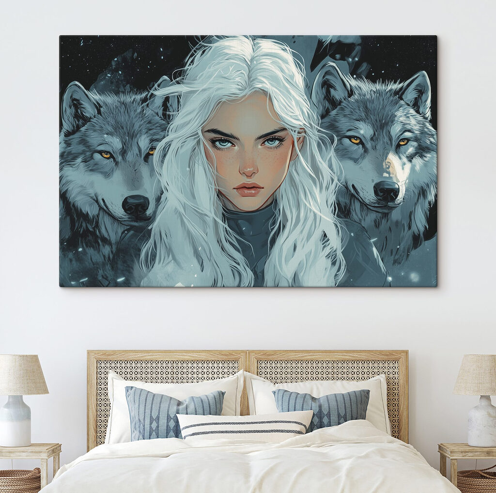 Woman with white hair and a wolf behind her