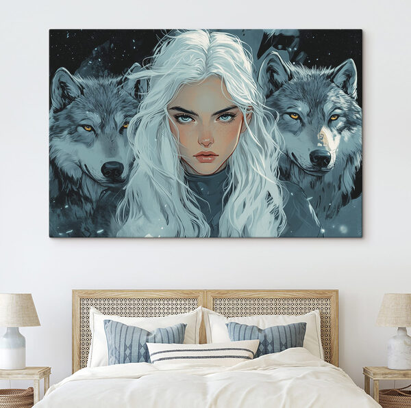 Woman with white hair and a wolf behind her