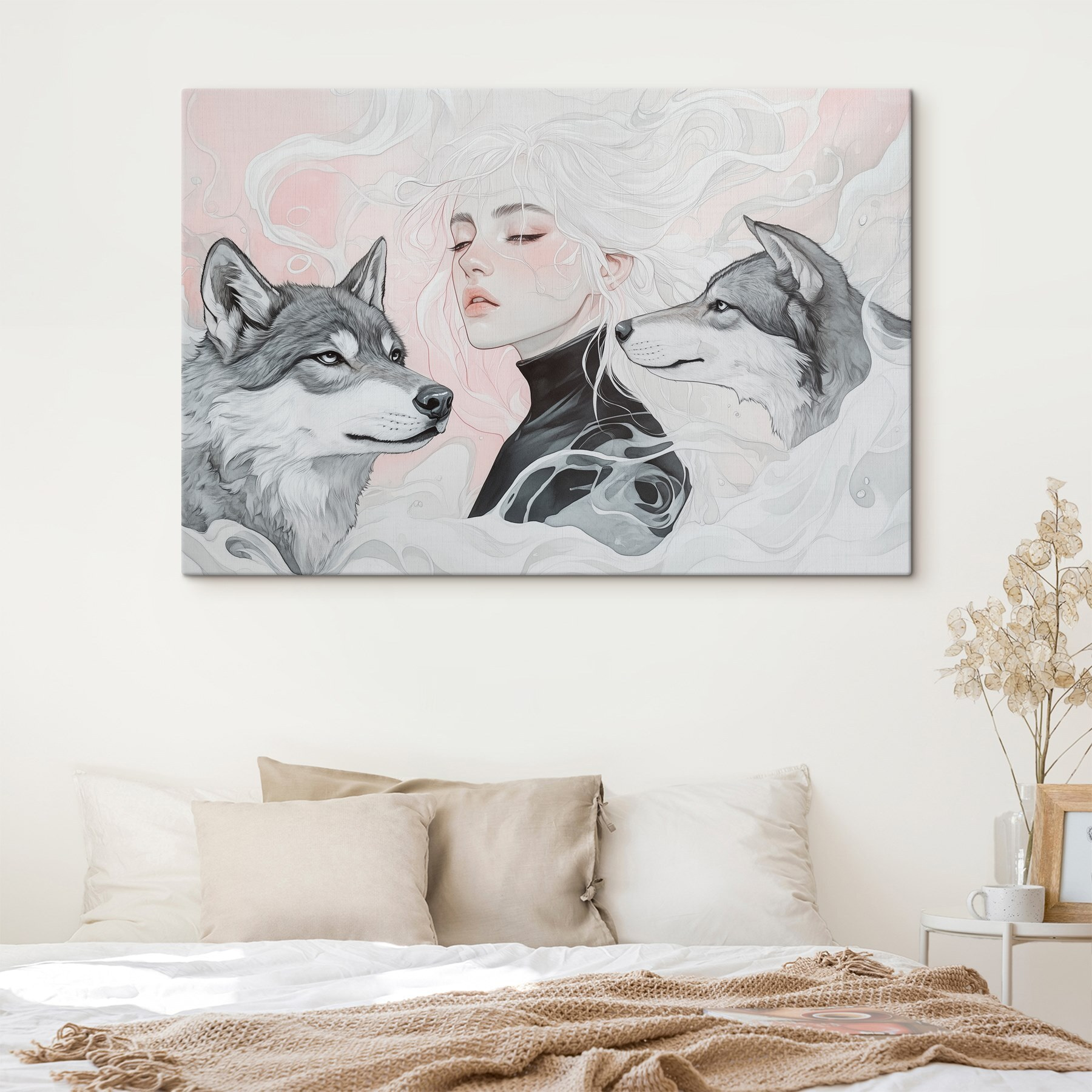 Woman with white hair and two wolves Woman with white hair and two wolves