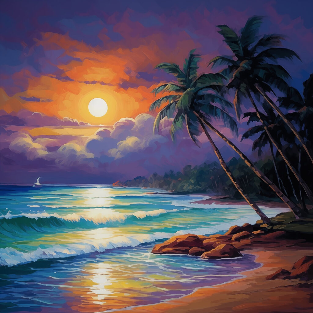Painting of a beach with palm trees and waves