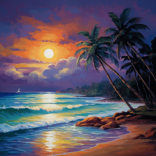 Painting of a beach with palm trees and waves