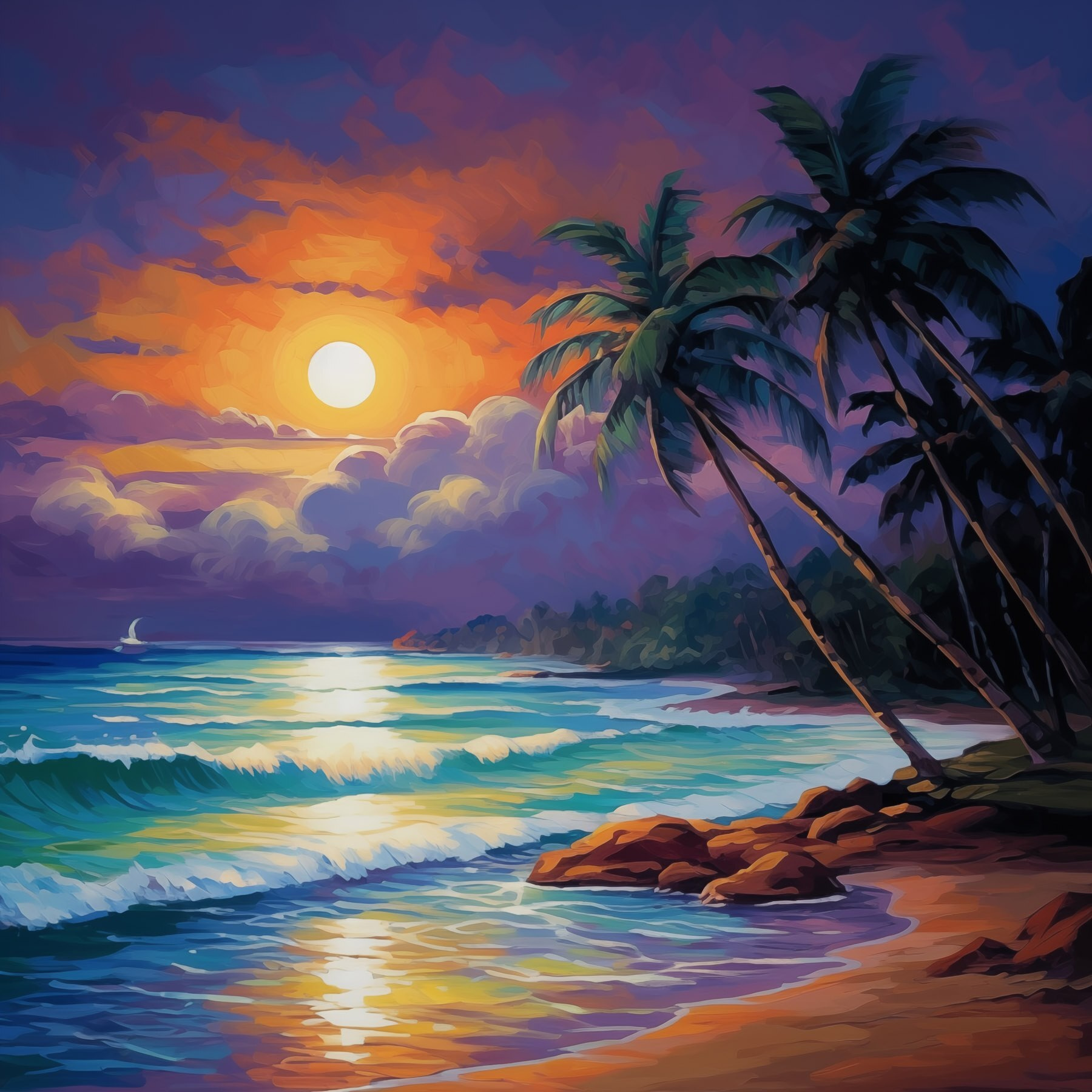 Painting of a beach with palm trees and waves
