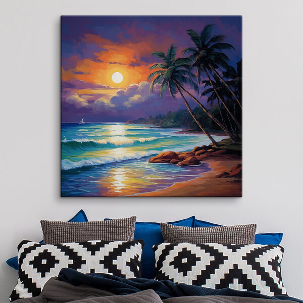 Painting of a beach with palm trees and waves