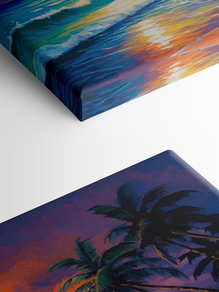 Painting of a beach with palm trees and waves