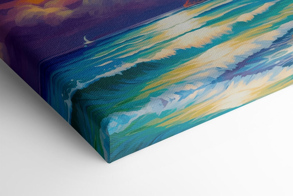 Painting of a beach with palm trees and waves