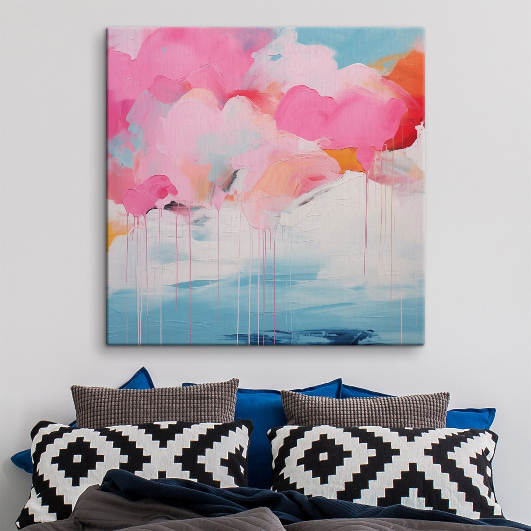 Painting of pink clouds and blue sky
