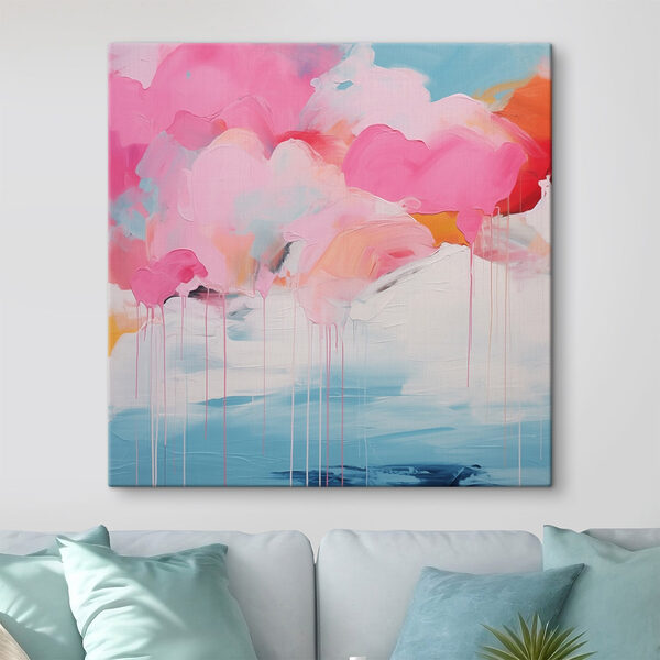 Painting of pink clouds and blue sky