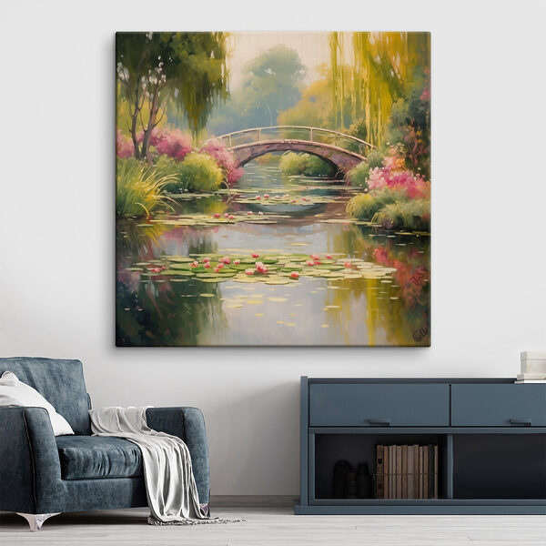 Bridge over a pond with lily pads and flowers Bridge over a pond with lily pads and flowers