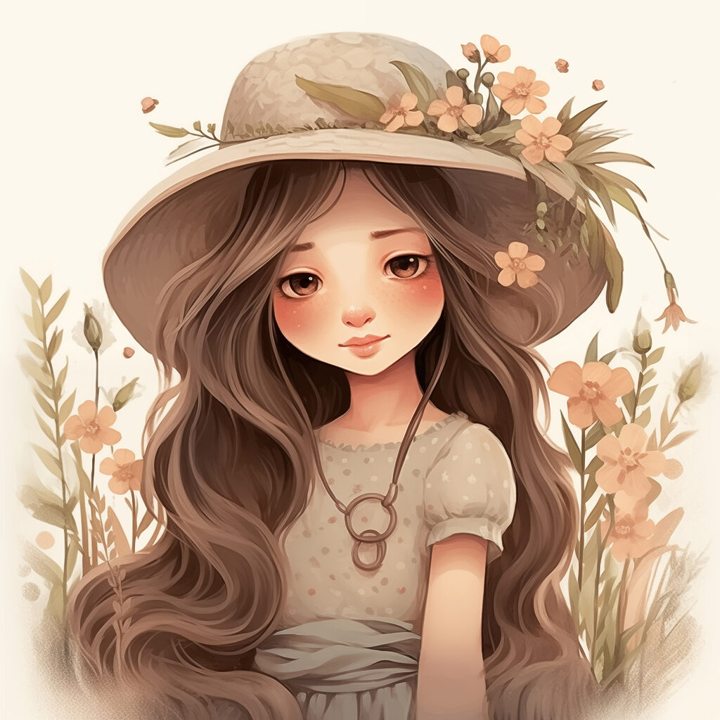 Cartoon girl with long hair wearing a hat and flowers Cartoon girl with long hair wearing a hat and flowers