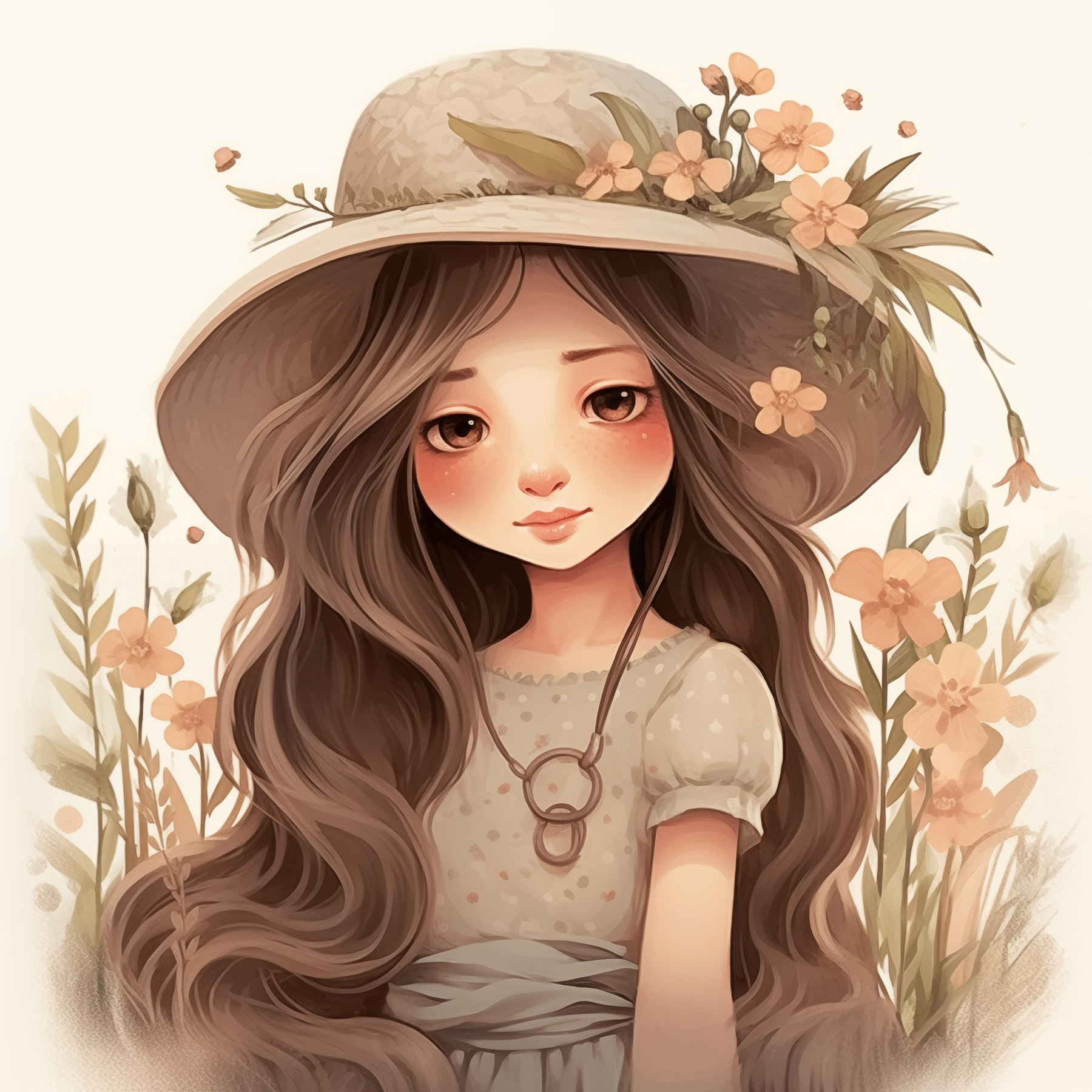 Cartoon girl with long hair wearing a hat and flowers Cartoon girl with long hair wearing a hat and flowers
