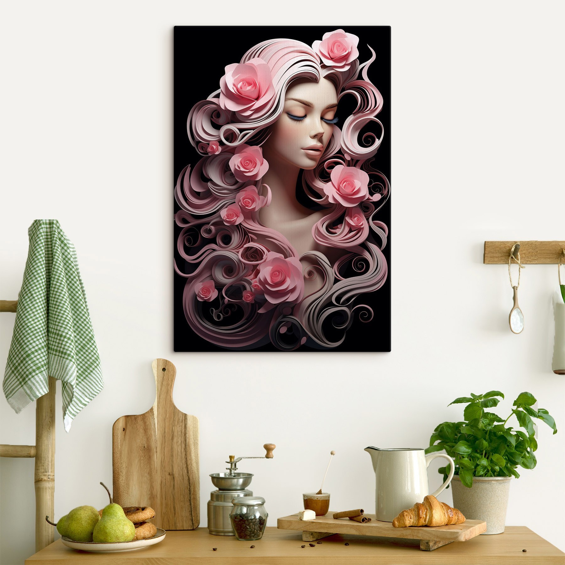 Woman with pink flowers and long hair Woman with pink flowers and long hair