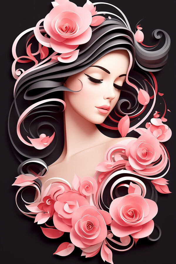 Woman with long hair and pink flowers Woman with long hair and pink flowers